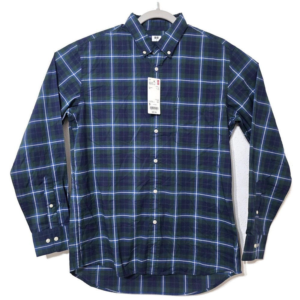 Uniqlo Shirt Mens Small Green Plaid Long Sleeve Button Front Extra Fine Cotton